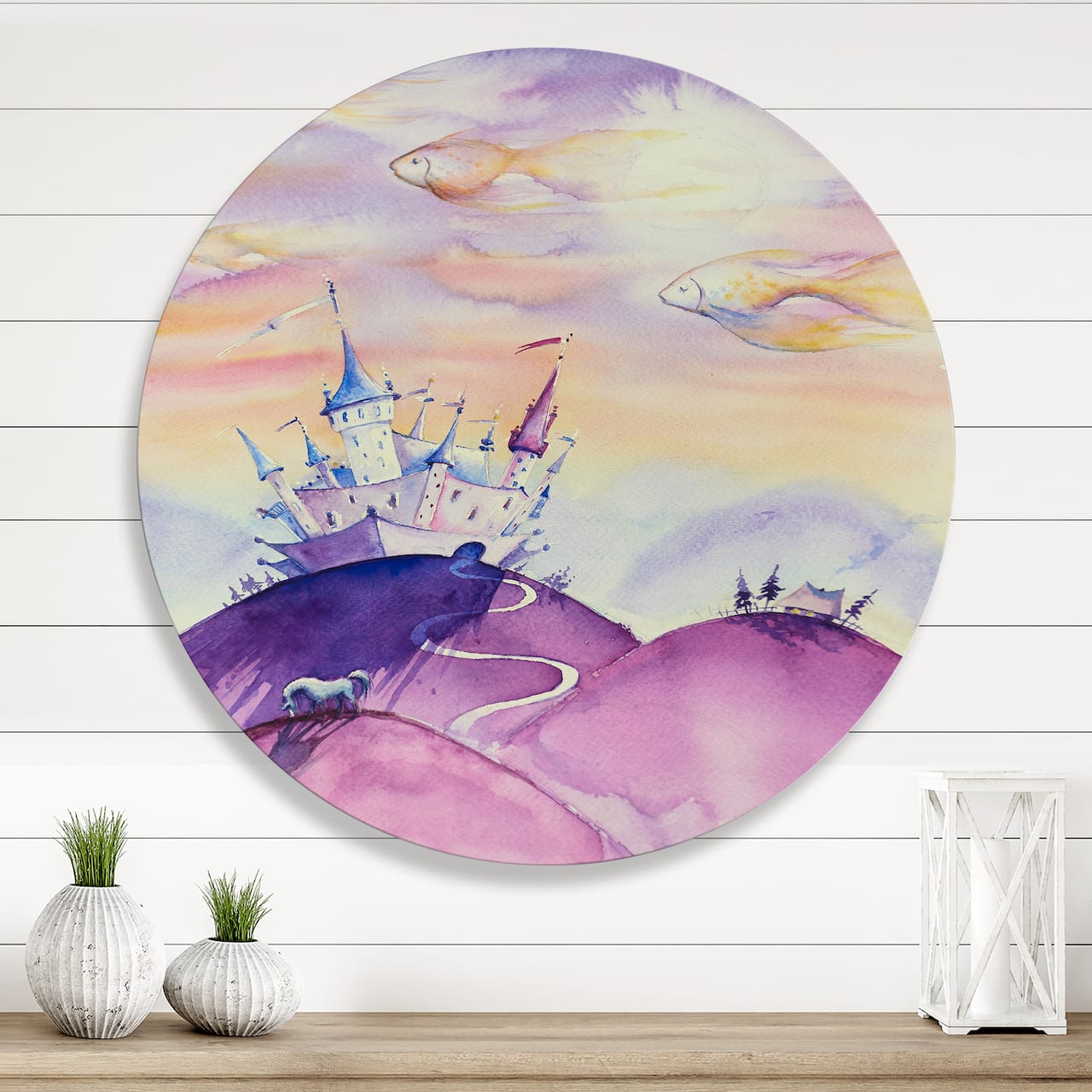 Designart - Fairy Tale Kingdom On Purple Mountain Top - Children's Art Metal Circle Wall Art
